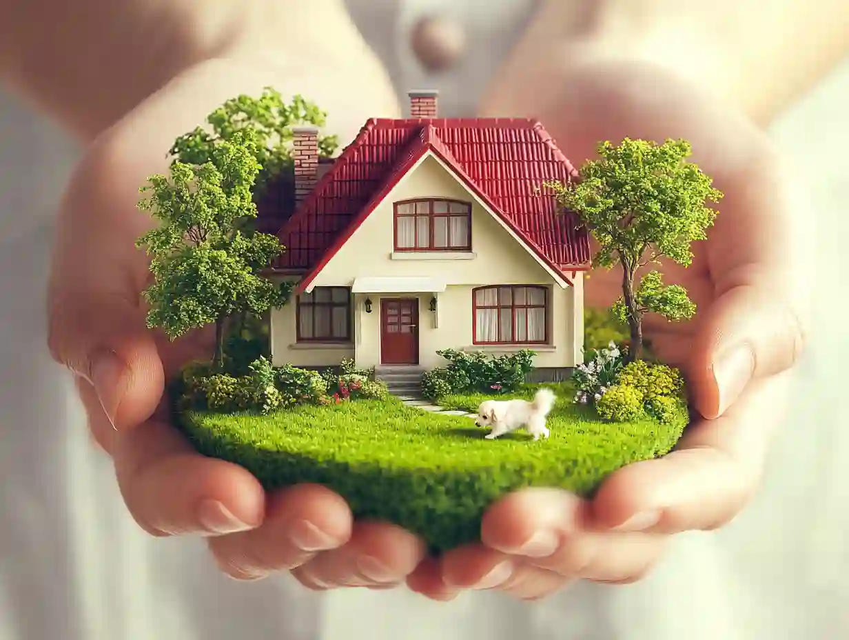 Hands holding a miniature house with a red roof, surrounded by green grass, trees, a bicycle, and a small white dog, symbolizing home care and sustainability.