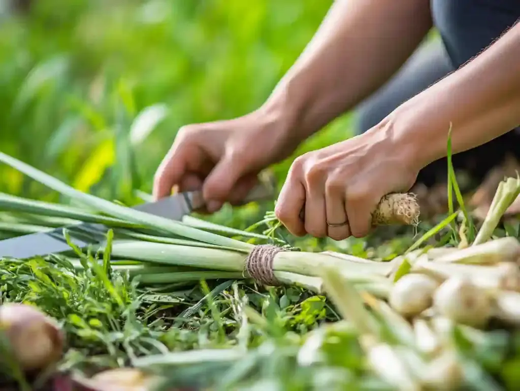 Hands harvesting thick lemongrass stalks at the base with a garden knife, surrounded by vibrant green foliage.