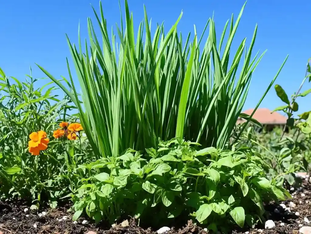 Lemongrass planted alongside marigolds and basil in a sunlit garden, used for natural pest control.