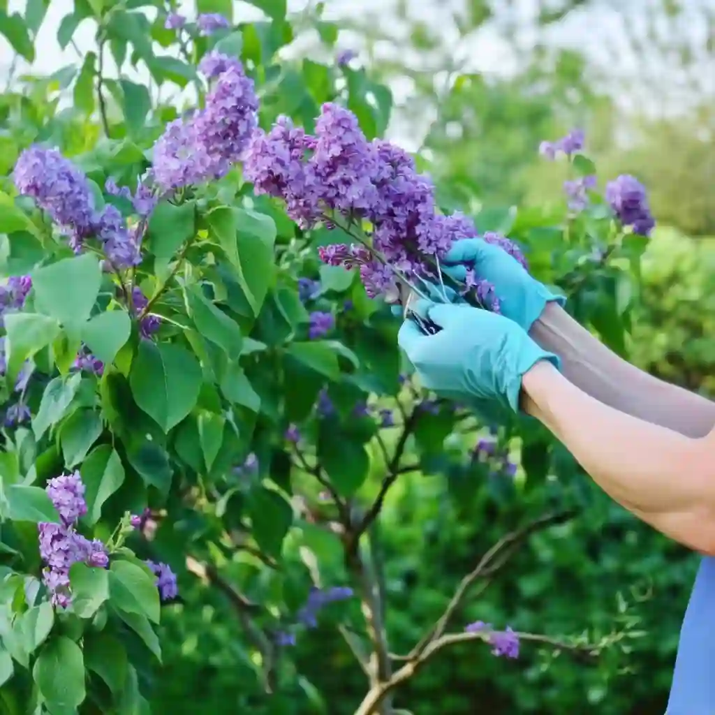 Woman pruning a lilac bush with red-handled bypass pruning shears in a spring garden, surrounded by lush green leaves and blooming purple flowers.