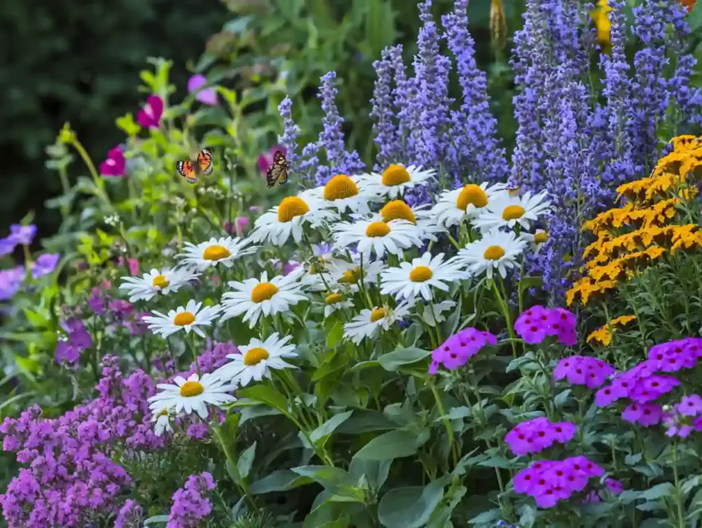 Colorful summer perennial garden featuring Shasta daisies, Russian sage, salvia, blanket flowers, catmint, phlox, bleeding hearts, helenium, yarrow, and verbena in full bloom.
