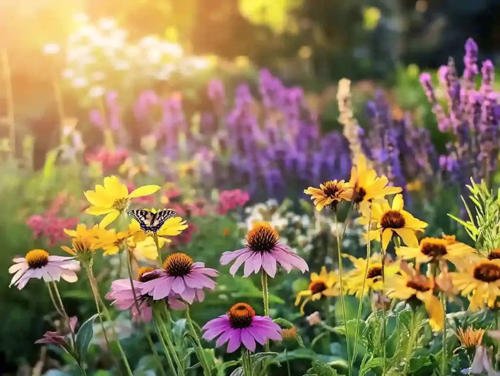 Colorful summer perennial garden featuring Shasta daisies, Russian sage, salvia, blanket flowers, catmint, phlox, bleeding hearts, helenium, yarrow, and verbena in full bloom.
