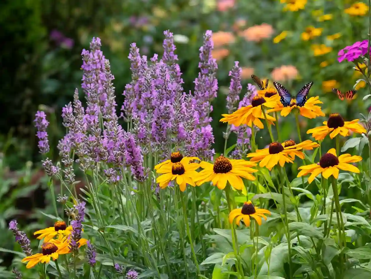 Lavender, coreopsis, coneflowers, black-eyed Susans, and daylilies blooming together in a vibrant summer garden, surrounded by green foliage and warm sunlight.