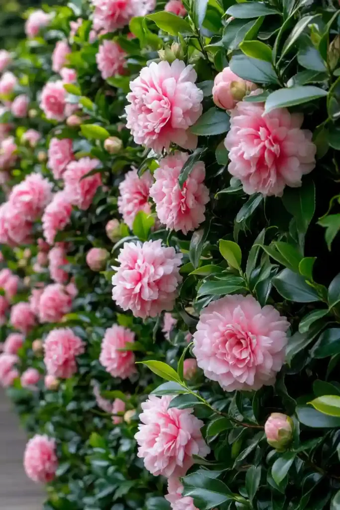 🌺 23. Camellia – Southern Elegance with Lush, Flowering Privacy