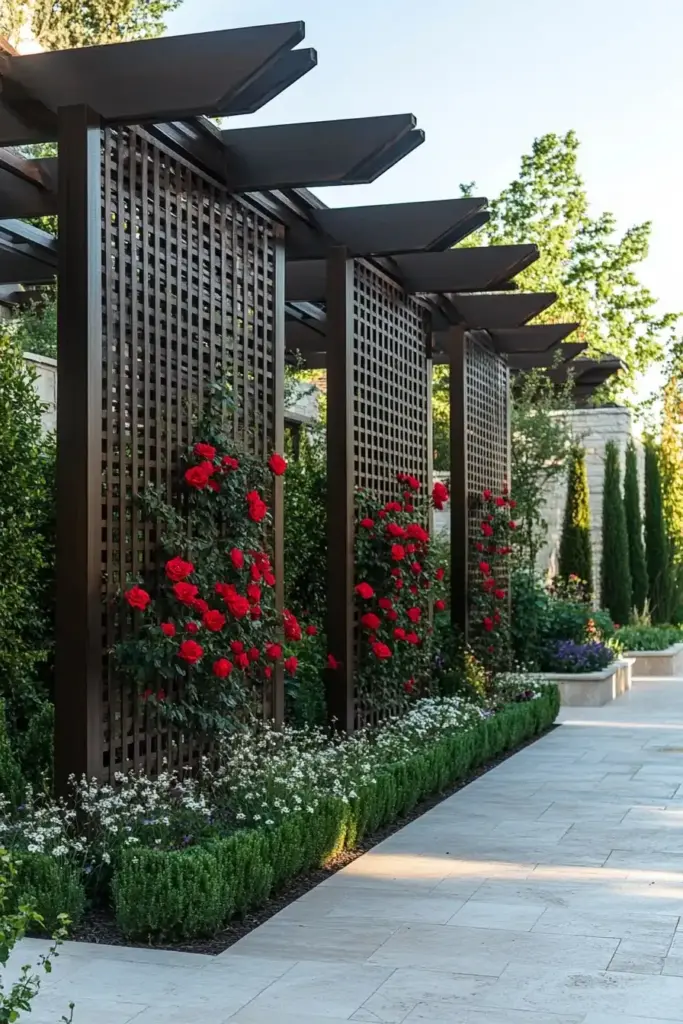 7. Decorative Trellis Panels Amongst Beds