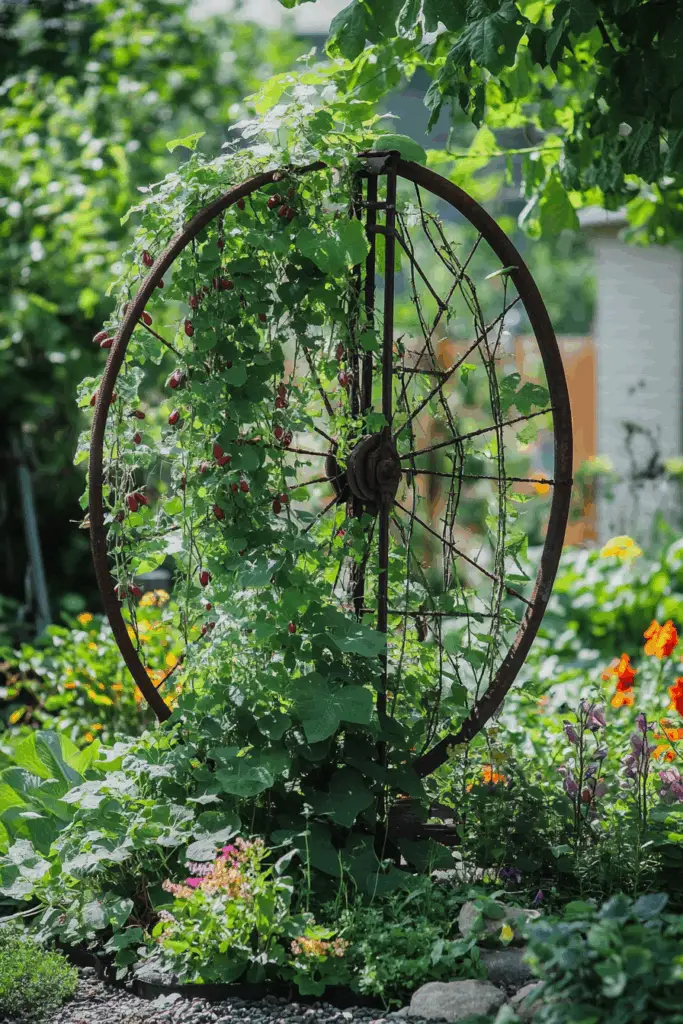 7. Repurposed Bicycle Wheel Trellis