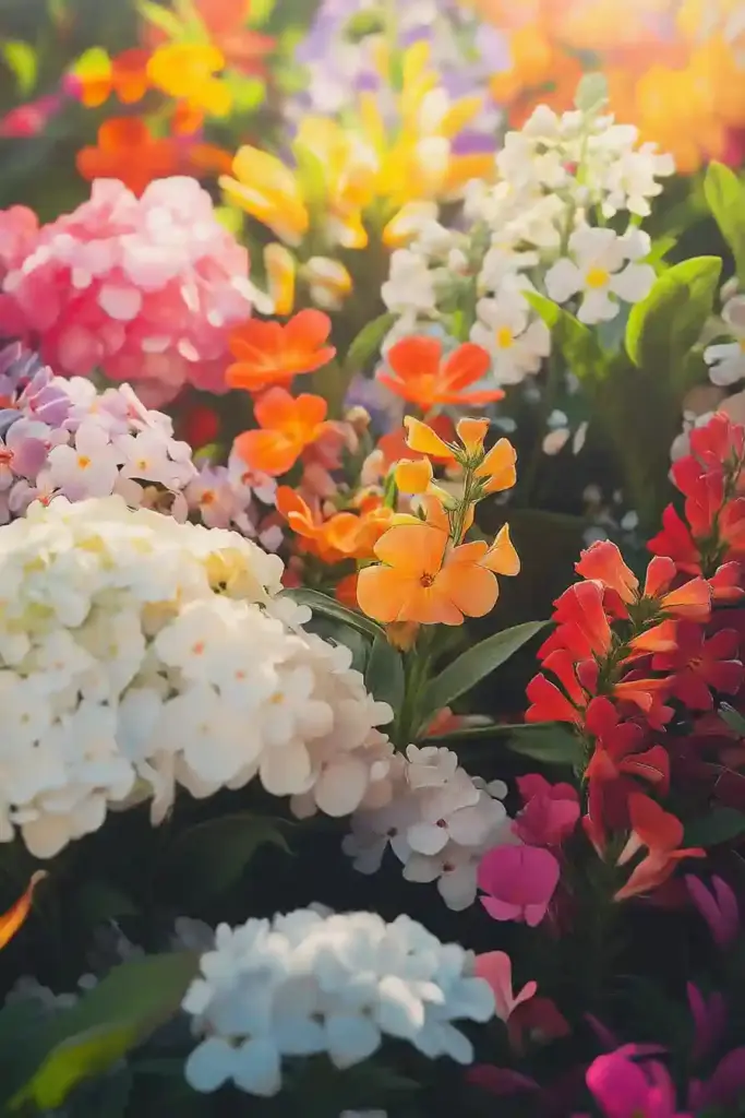 A vibrant cut flower garden glowing in full summer sun