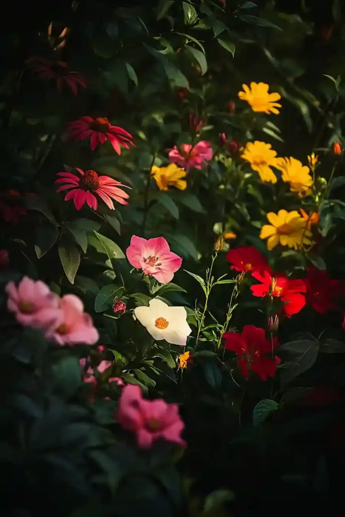 Vibrant perennial garden in full bloom with layers of colorful flowers and textured foliage