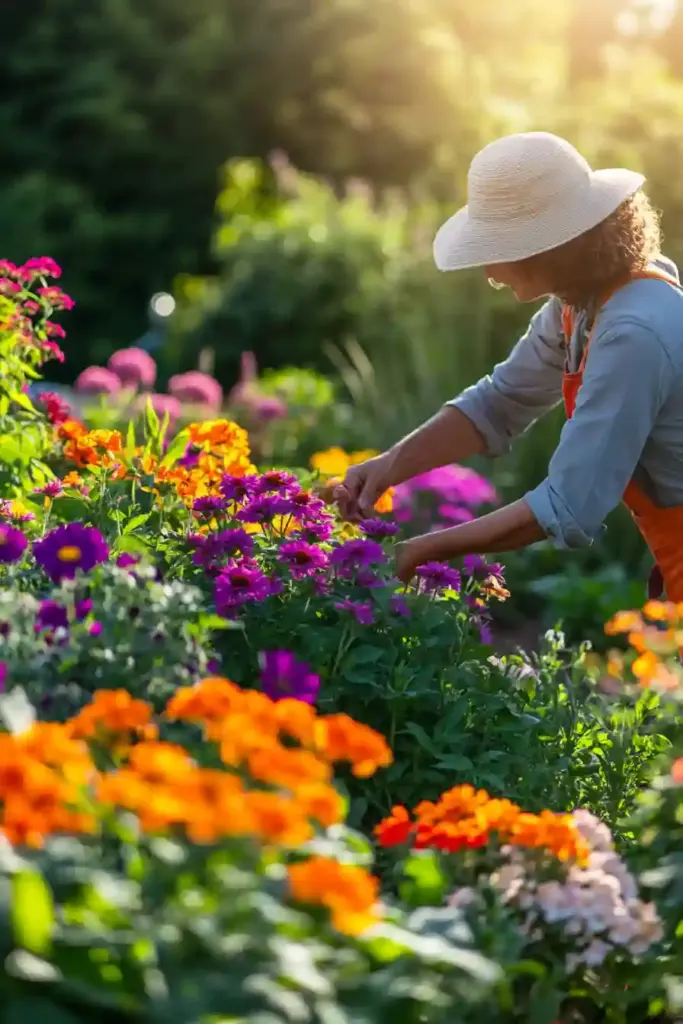 Happy gardener admiring well-maintained, colorful perennial garden in late afternoon sun, peaceful and rewarding expression, lush mixed flower bed with visible seasonal diversity, ultra-realistic