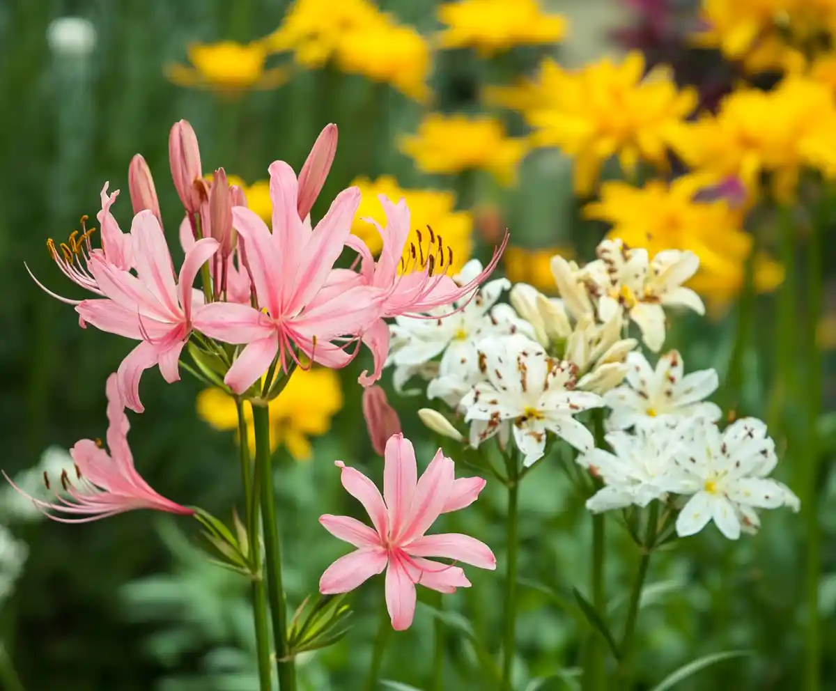 a group of flowers in a garden