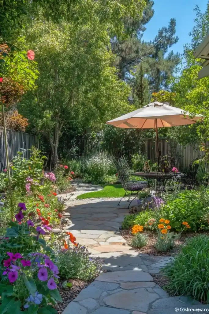 beautiful backyard filled with diverse low-maintenance perennials, colorful and lush garden design, full sun and partial shade areas, butterflies and bees, peaceful garden oasis, ultra-realistic nature photography