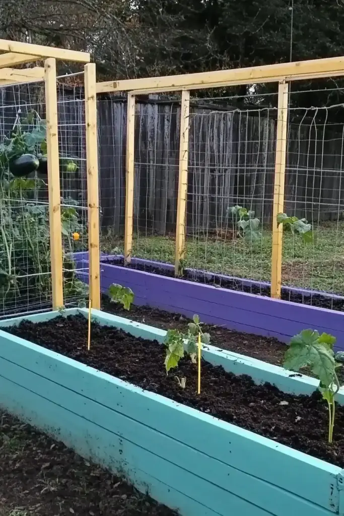 2. Wood and Twine Raised Bed Cucumber Trellis