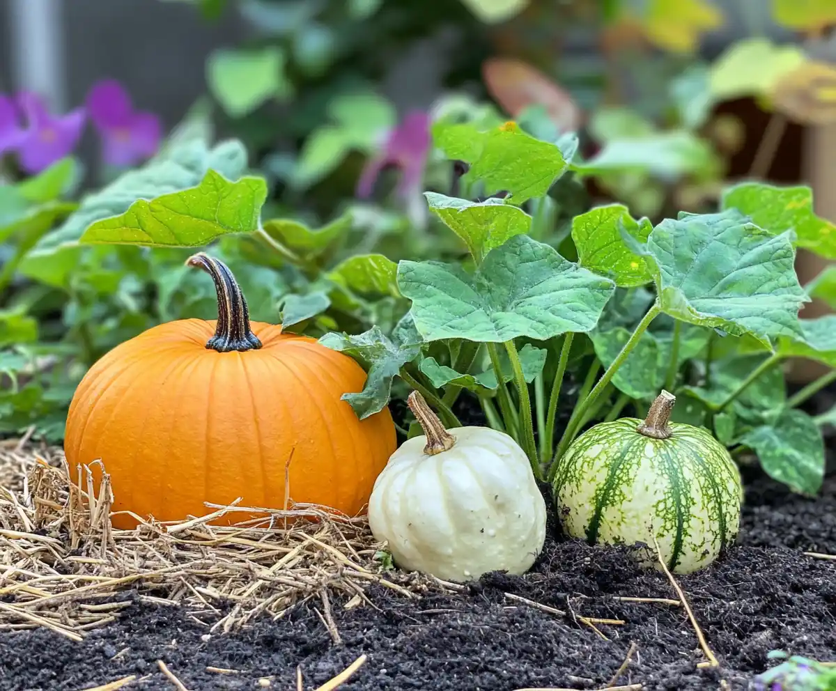 a pumpkins and squashes in the ground