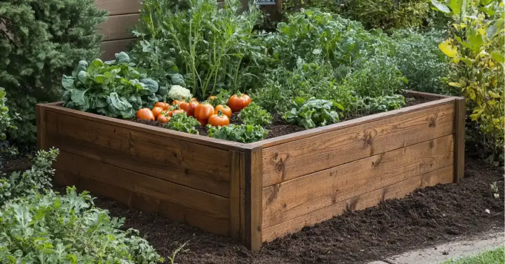 1. Lush Retreat with Raised Beds and Rustic Charm