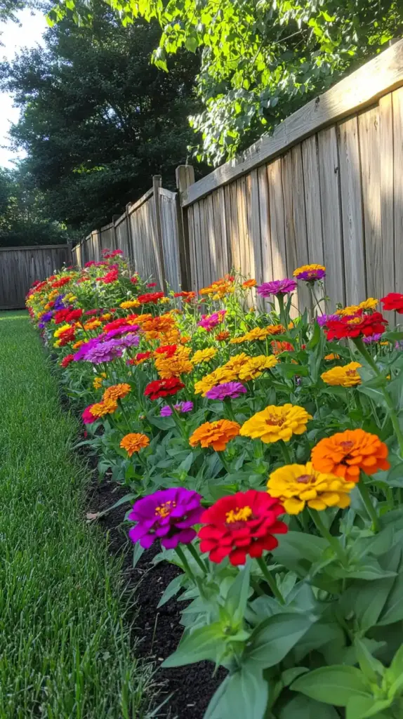 zinnia garden along fence