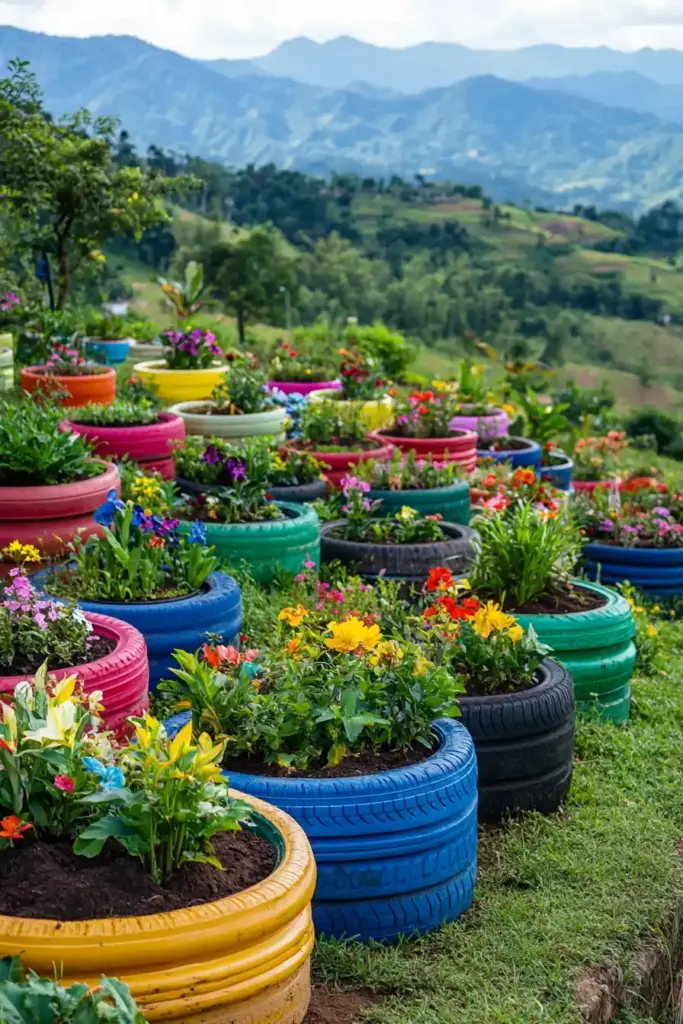13. Utilize Old Tires for Creative Planters