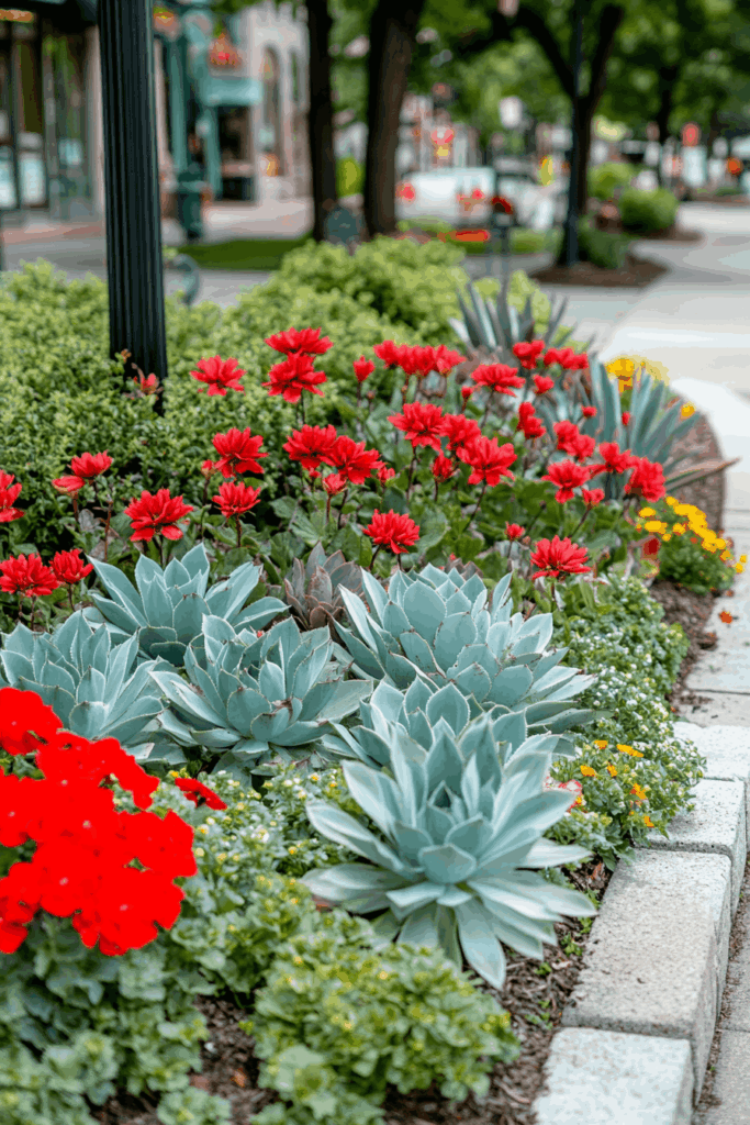 14. Begonias with Succulents: A Contrast of Color and Form
