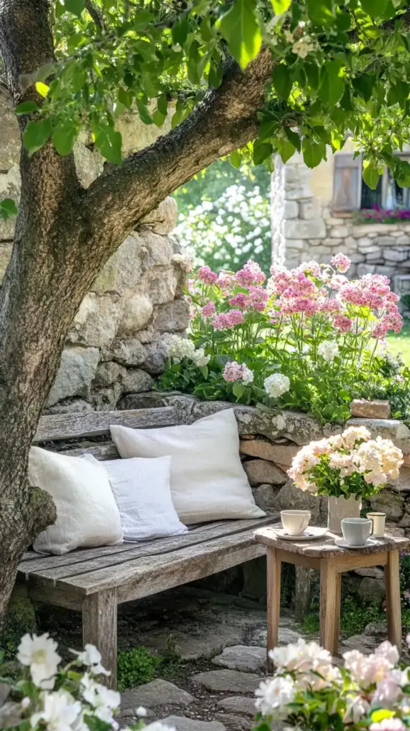 16. Cottage Garden with a Rustic Bench