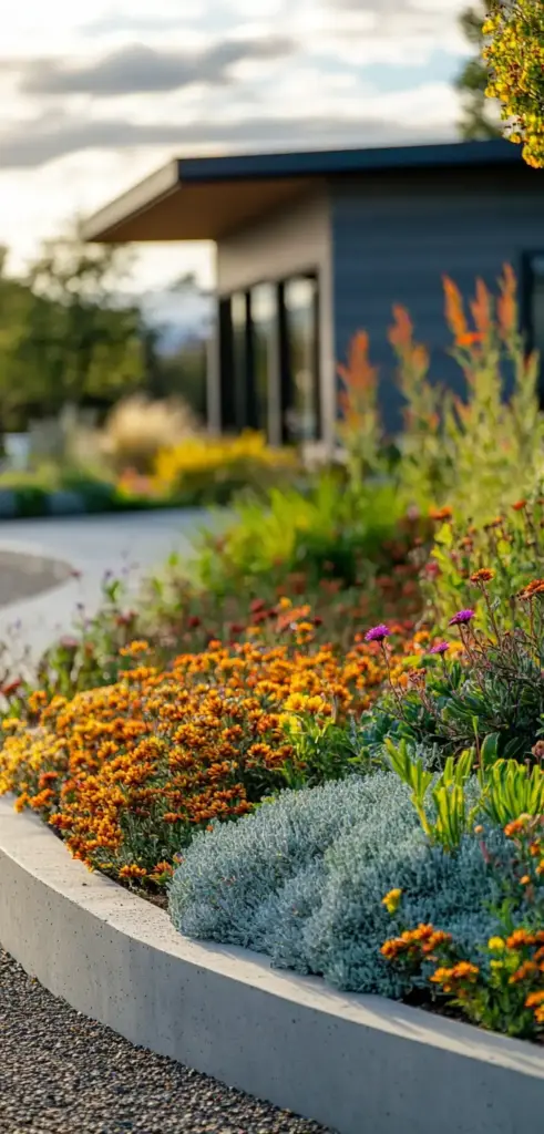 2. Curved Flower Beds with Layered Heights