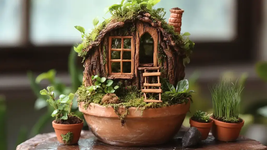 🌿 2. Fairy Garden Treehouse in a Clay Pot