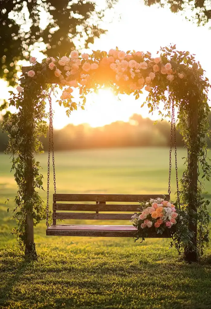 🌿 21. Vine-Draped Garden Swings