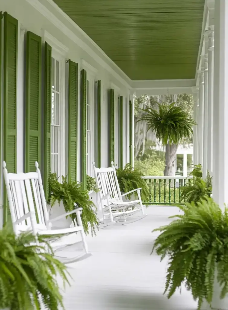 3 White Chairs With Ferns
