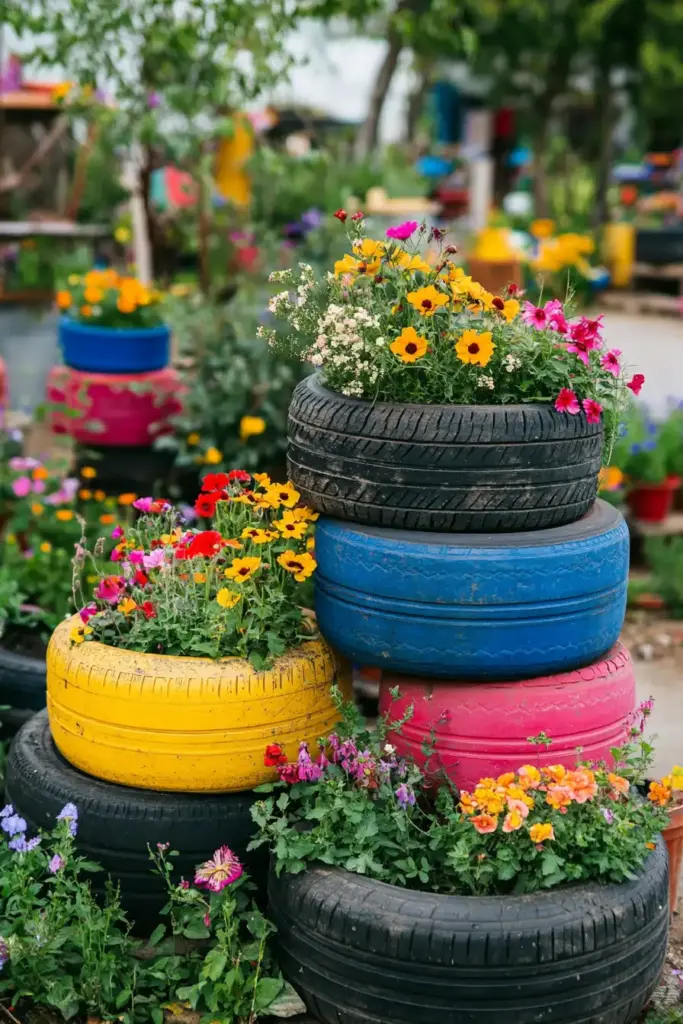 Colorful Tire Planters for Vertical Garden Decor