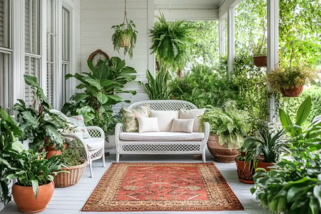 5 Hanging Ferns Behind Seating Arrangement