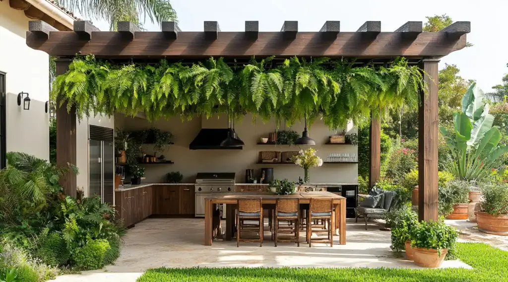 7 Hanging Baskets with Ferns on Pergola