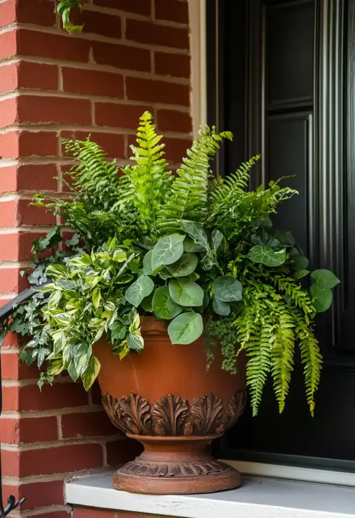 9 Add Texture to Front Porch with Ferns, Ivy, and Other Plants