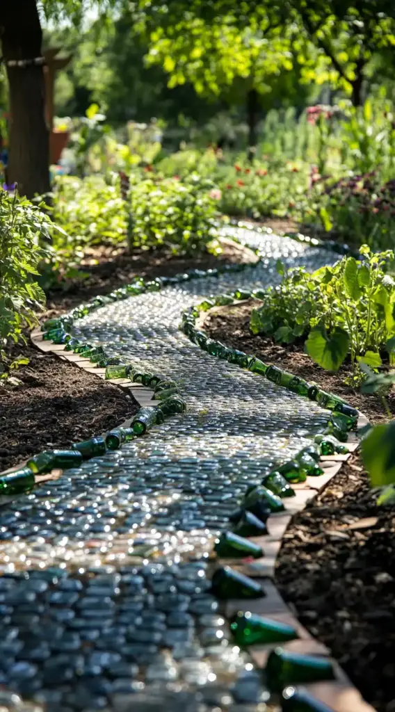 9. Garden Walkway with Glass Bottles