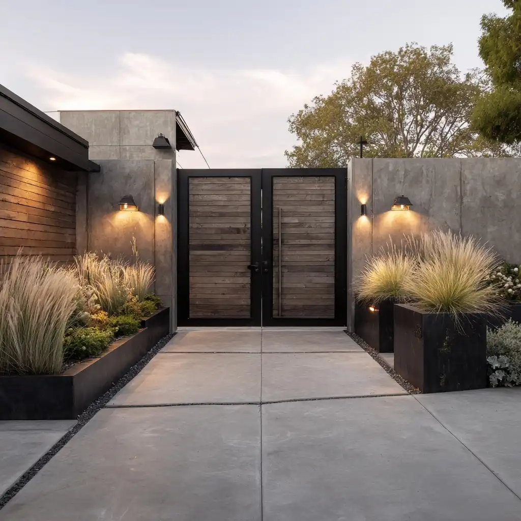 Minimalist concrete driveway with metal gate and symmetrical planters in a modern farm setting