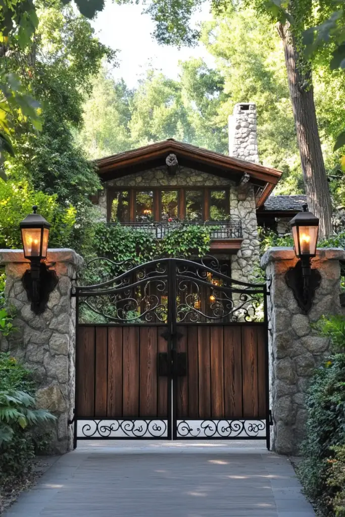 Rustic Wooden Gates with Twisted Metal Accents