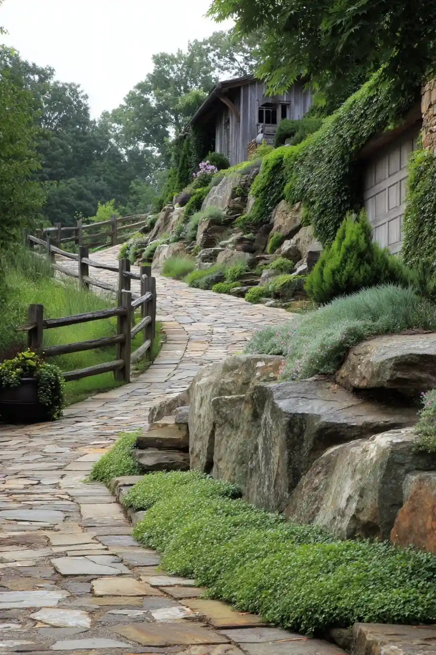 Terraced hillside driveway with creeping ivy, stone walls, and wooden railing