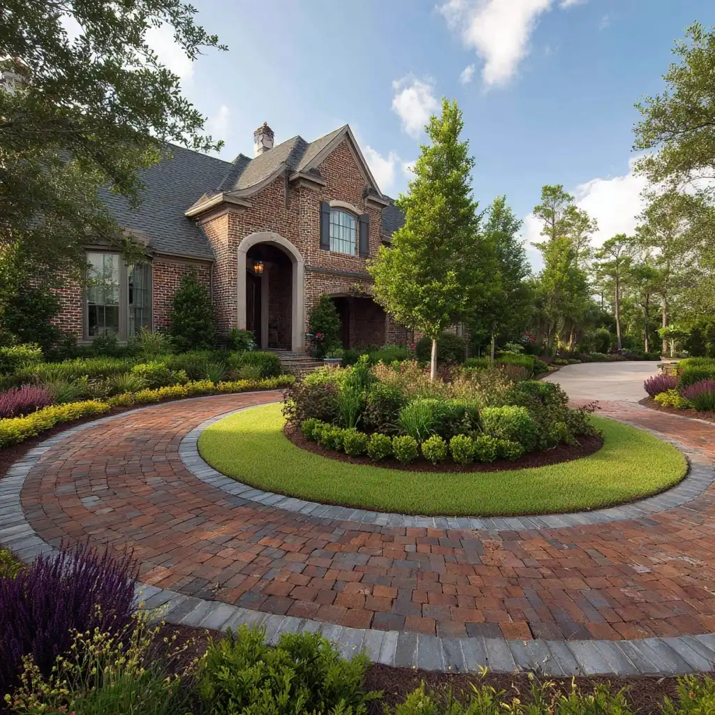 Cobblestone circular driveway with flowering tree centerpiece and planting beds