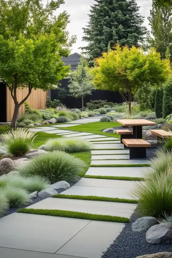 Modern Front Yard Landscaping with a Monochromatic Color Scheme