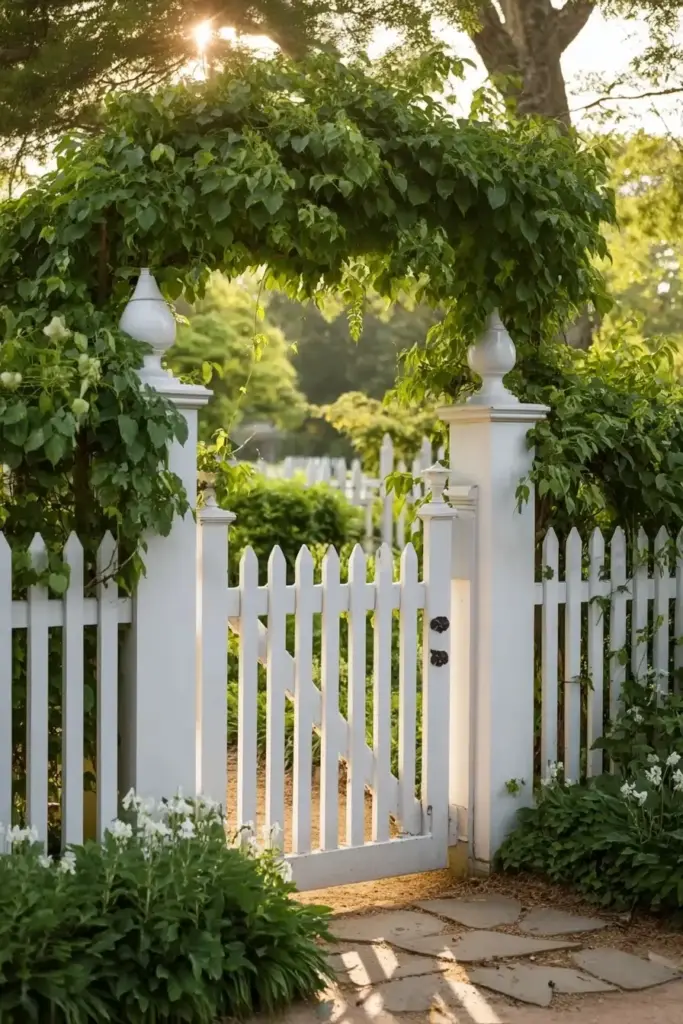 Classic White Picket Fence Gate with Climbing Vines