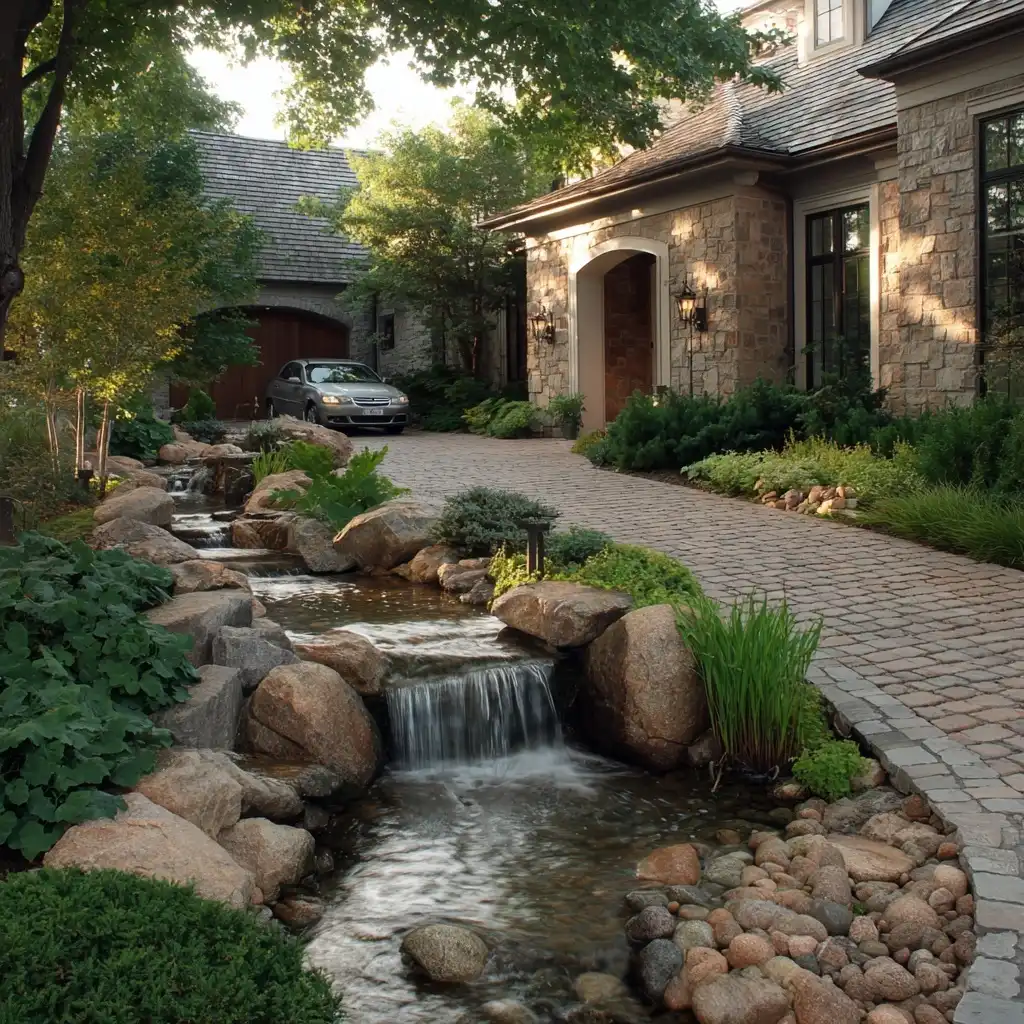 Rustic driveway with stone water fountain surrounded by native plants and river stones