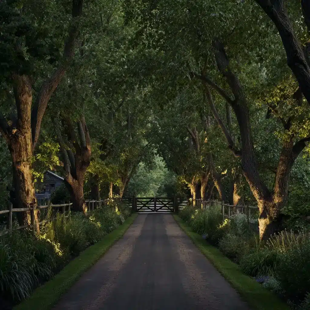 Symmetrical driveway framed by mature oak trees creating a natural canopy