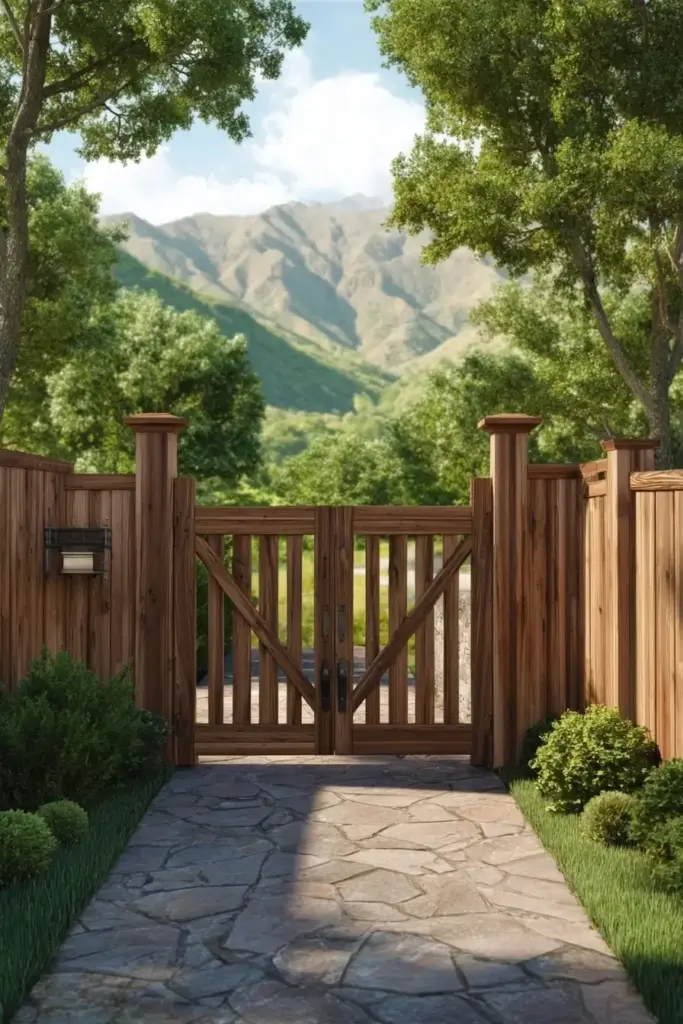 Rustic Sliding Gate with Natural Wood Fencing