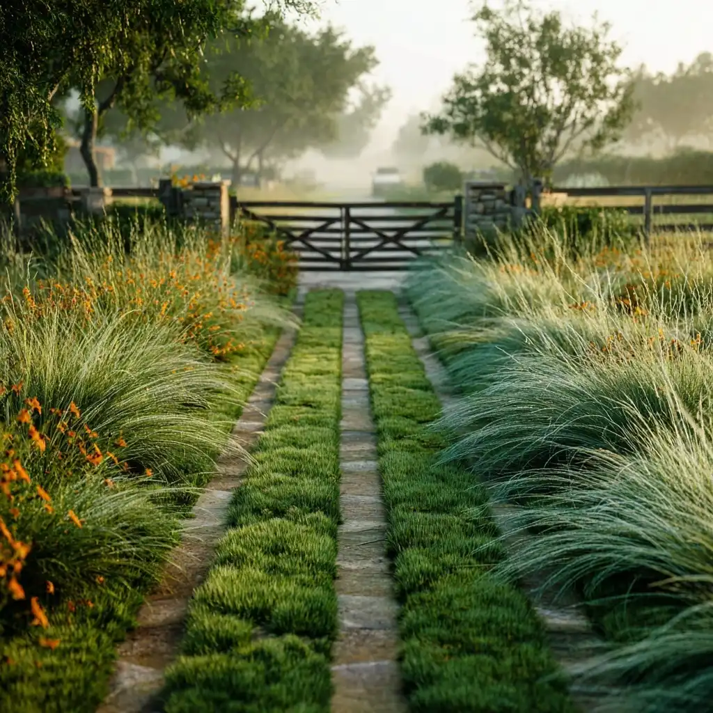 Lush green driveway made with reinforced grass pavers bordered by wildflowers and meadow plants