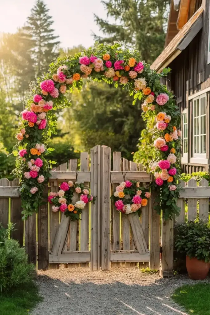Whimsical Wooden Gate with Floral Wreaths