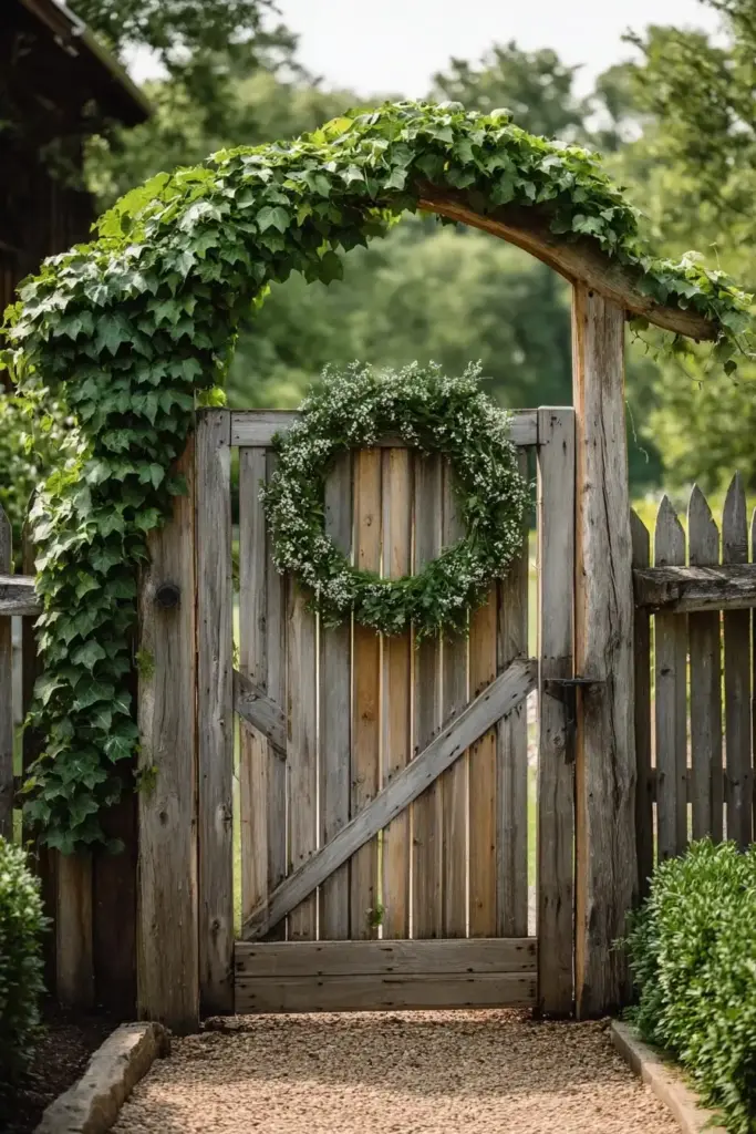 Rustic Wooden Gate with Live Wreath Decorations