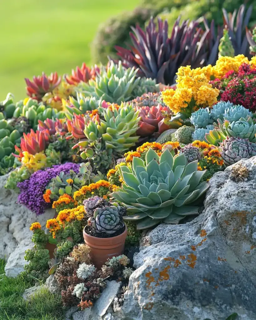 Vibrant Succulent Wall with Stone Retainers