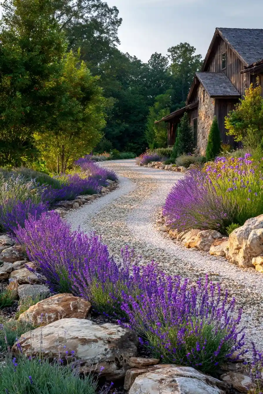 Farm driveway made of natural stones lined with blooming lavender and wildflowers