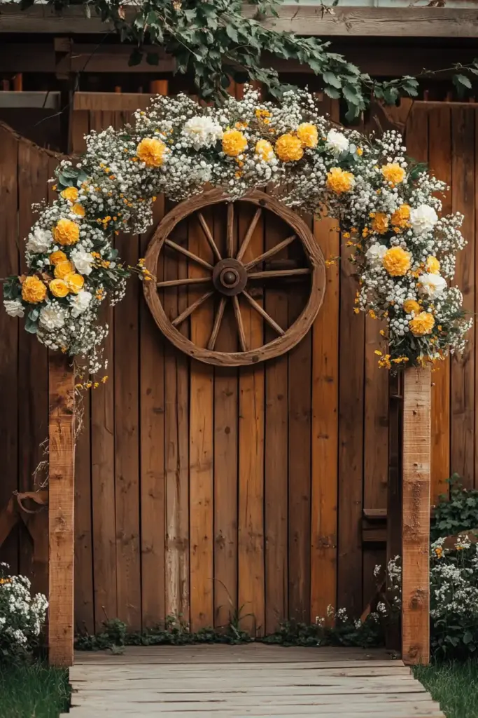 Vintage Wagon Wheel Gate with Floral Garland