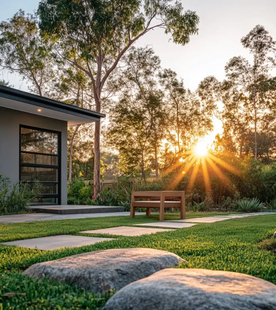 Sunset Garden with Bench and Water Feature