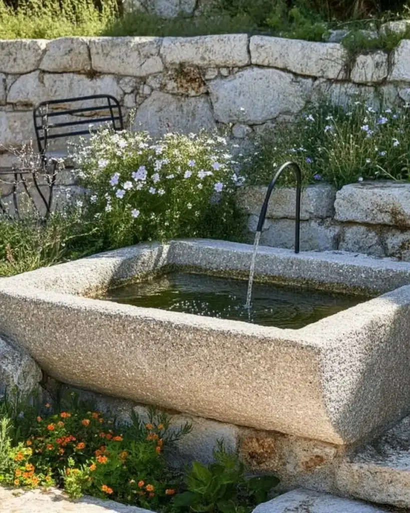 Mediterranean Stone Fountain with Wildflowers
