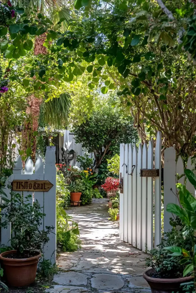 Charming Picket Fence Gate with a Welcoming Sign