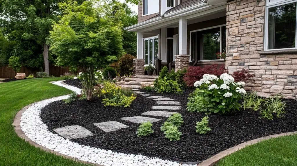 Modern Look with White River Rocks and Black Mulch